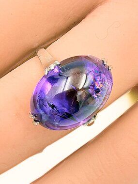 Antique Art Deco Marked Sterling Silver Amethyst Cab Cocktail Ring Sz 6